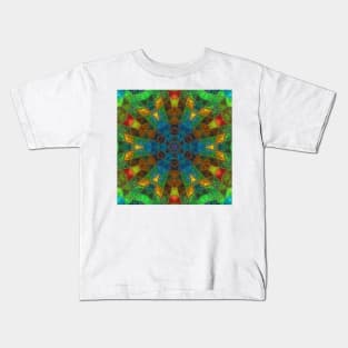 Mosaic Kaleidoscope Flower Blue Green and Yellow Kids T-Shirt